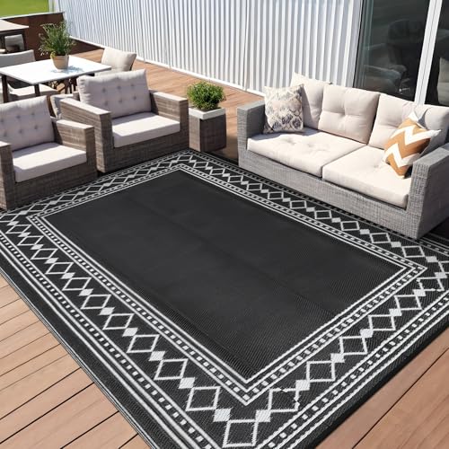 GarveeHome Patio Modern Bordered Outdoor Rug 10x14 Waterproof Large Reversible Camping Mat Foldable Lightweight Plastic Straw Outdoor Rug for Deck, Picnic, Porch, Camper, Balcony, Beach, Rv, Black - color: Black & White, size: 10' x 14' (Rectangular)