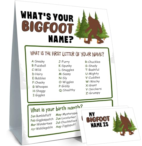 Bigfoot Birthday Party Decorations-Birthday Party Games,Bigfoot Theme Birthday Party Sign for Boys Girls,Kids Bigfoot Activity Cards,Bigfoot Activity Decoration Supplies,What's your Bigfoot Name - style: Bigfoot