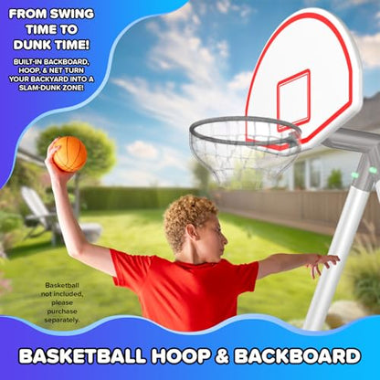 Sportspower Super Saucer Hoop and Swing Outdoor Backyard Swing Set with Basketball Hoop, Saucer Swing, Sling Swing, 5-ft Double-Walled Blow Molded Slide, and Bonus Anchor Kit – White/Silver