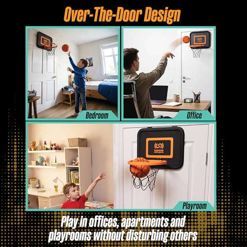Supreme Silent Sports Basketball Hoop & Quiet Mini Ball | Indoor Premium Over the Door Hoop, Noise Dampening Rim & Soft Backboard with Net, Kids Toys & Games, Gift for Teen Boys & Girls, 6+ Year Olds