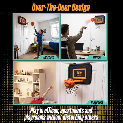 Supreme Silent Sports Basketball Hoop & Quiet Mini Ball | Indoor Premium Over the Door Hoop, Noise Dampening Rim & Soft Backboard with Net, Kids Toys & Games, Gift for Teen Boys & Girls, 6+ Year Olds