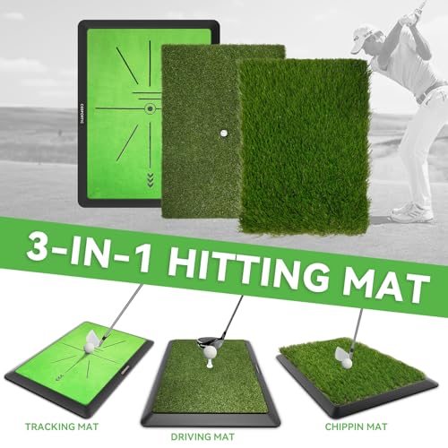 COSPOPTIC Golf Hitting Mat with Swing Path Feedback, Heavy-Duty Rubber Base Anti-Slip Golf Training Mat, Extra Replaceable Surface, Portable Practice Mat for Home Office Garage Yard Indoor Outdoor - style: Rough-Fairway-Tracks mat