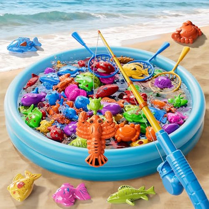 Magnetic Fishing Game Toys for Kids Toddlers 3-5 4-8, Water Table Bathtub Toys with Inflatable Pool Pole Rod Net Floating Fish, Water Bath Pool Outdoor Toys for Boys Girls Age 3 4 5 6 7 8 Year Old - style: 3 rods 3 nets 44 fish