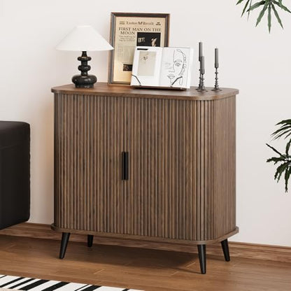 Svimi Accent Cabinet with Sliding Doors - Walnut Sideboard Buffet Cabinet with Storage for Coffee Bar, Console Table - MCM Design Bar Cabinets for Modern Home Décor