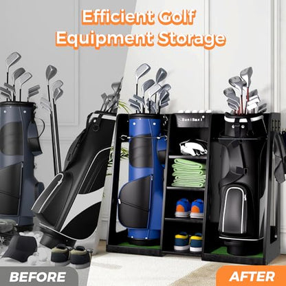 SuniBoxi Wooden Golf Storage Organizer for Garage, Premium Golf Bag Holder Rack for Golfing Accessories, Great Gift for Golfers,Husband, Dad(2 Bags,Dark Black) - size: 2 Bags