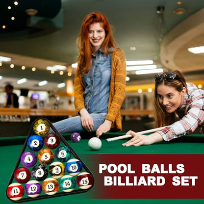 Outus 71 Pcs Premium Pool & Billiard Table Accessories Set – Pool Balls, Cue Sticks with Tips, Triangle Rack, Chalks, Brush Spot Stickers for Home Family & Beginner Practice - style: Dark Marble Style Balls