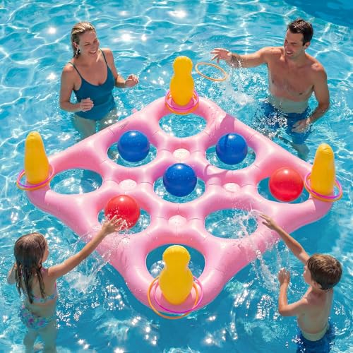 ECHTPower Tic-Tac-Toe Pool Toys Games - 2-in-1 Giant Inflatable Pool Floats with Ring Toss Set and 10 Balls, Fun Summer Party Water Beach Float Pool Game for Adults Teens Kids (Green) - color: Pink