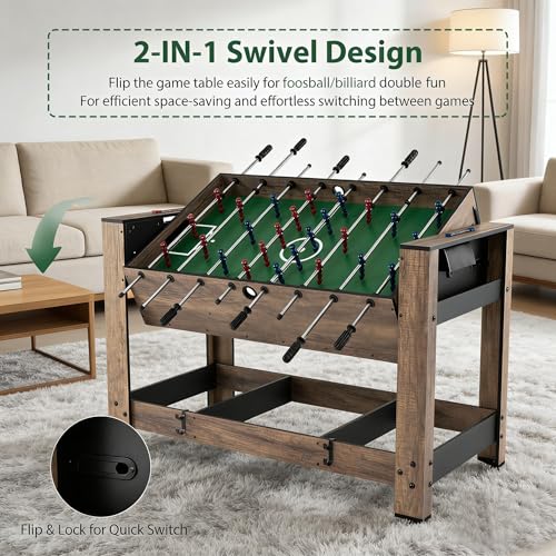 GYMAX Multi Game Table, 48 Inch Foosball & Billiards 2 in 1 Swivel Combo Game Table with 2 Balls, Space-Saving Design for Family Night, Game Room, Party