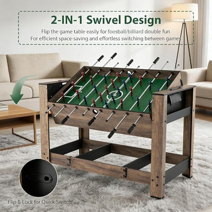 GYMAX Multi Game Table, 48 Inch Foosball & Billiards 2 in 1 Swivel Combo Game Table with 2 Balls, Space-Saving Design for Family Night, Game Room, Party