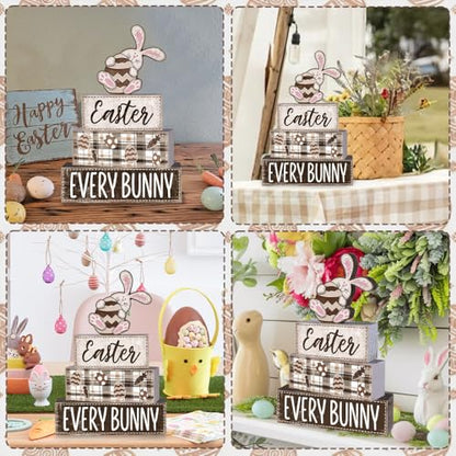 DIYDEC 4Pcs Easter Tabletop Decorations Rabbit Wooden Block Signs Bunny Tiered Tray Decor Happy Easter Centerpiece Farmhouse Wood Bunny Table Sign for Kitchen Home Office Party Decor - style: Pink Rabbit