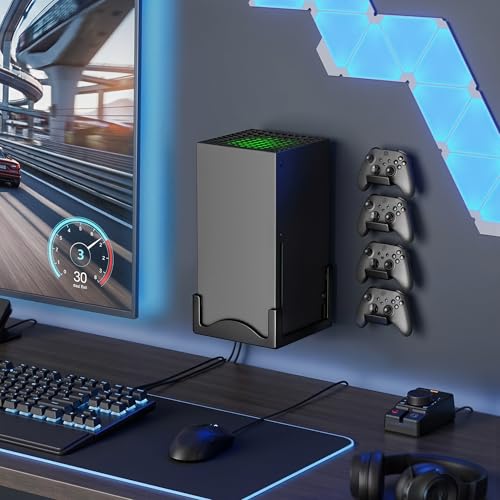 Wall Mount for Xbox Series X with 4 Controller Holder Kits – Metal Console Holder with Ventilated Base and Anti-Scratch Pads – Space-Saving Wall Bracket