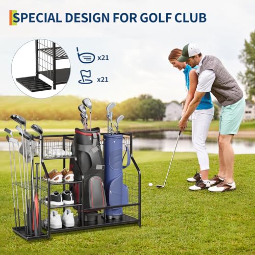GarveeLife Golf Bag Organizer, Sports Equipment Organizer, Sports Organizer for Garage, Golf Bag Stand for Garage with Baskets, Hooks