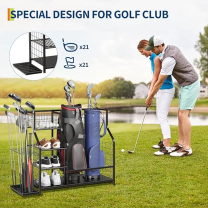 GarveeLife Golf Bag Organizer, Sports Equipment Organizer, Sports Organizer for Garage, Golf Bag Stand for Garage with Baskets, Hooks