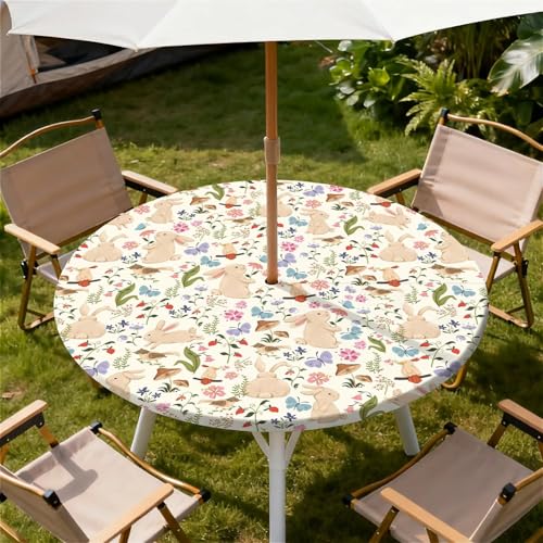 Round Outdoor Tablecloth with Umbrella Hole, Zippered Fitted Waterproof Tablecover with Elastic Edge Fits 32"-36" Round Tables for Patio Picnic Garden Camping Party, Bunny Garden Pattern - color: Bunny Garden, size: 36" (Round)