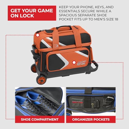 BSI Dash Roller Bowling Bag with Smooth Rolling Wheels, Padded Ball Compartment, Retractable Locking Handle, & Shoe Pocket - color: Black/Orange/White, style: Double