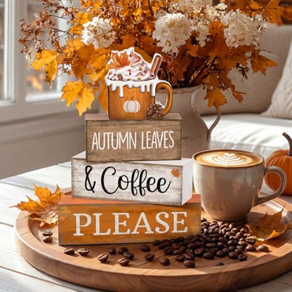 Lineshading 4 Pcs Fall Coffee Table Decor Fall Decoration for Home Wooden Stacked Block with Pumpkin Latte Topper Rustic Thanksgiving Tiered Tray Decor for Harvest Party Home Kitchen Coffee Bar - style: Autumn Leaves 2
