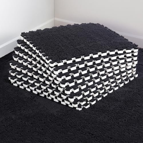 12 pcs Thickened Plush Foam Interlocking Floor Mats, Interlocking Foam Tiles with Edgings for Kids, Soft Anti-Slip Puzzle Area Square Rug Playmat for Children Room Flat (11.8", Black) - color: Black