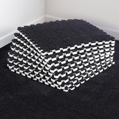 12 pcs Thickened Plush Foam Interlocking Floor Mats, Interlocking Foam Tiles with Edgings for Kids, Soft Anti-Slip Puzzle Area Square Rug Playmat for Children Room Flat (11.8", Black) - color: Black