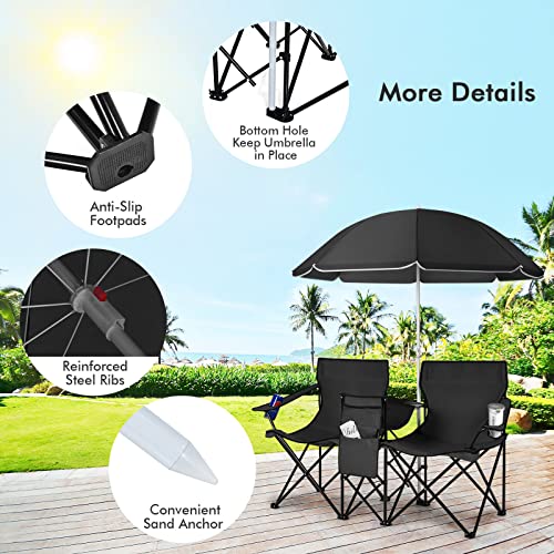 LUARANE Folding Double Camping Chair, Outdoor Picnic Chairs w/Removable Umbrella, Mini Table, Cup Holder & Carrying Bag, Portable Camping Loveseat for Patio, Pool, Lawn, Beach, Park (Black) - color: Black