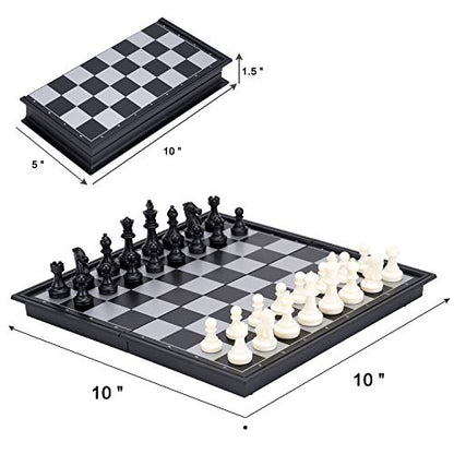 AMEROUS 10 Inches Magnetic Travel Chess Set with Folding Chess Board - 2 Extra Queens - Instructions for Beginner, Kids and Adults