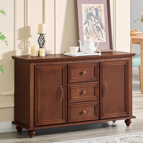 47.3-Inch Traditional Sideboard Buffet Cabinet with Doors & Drawers, Walnut | Vintage Wood Credenza Storage Cabinet with Adjustable Shelves, Entryway Console for Living Room & Dining Room - color: Walnut