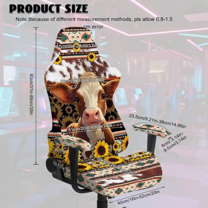 Aztec Tribal Gamer Chair Cover Set of 4 Cow Sunflower Print Computer & Gaming Chair Slipcover with 2 Armrest Covers for Ergonomic Game Rotating Office Chairs - color: Brown - Aztec Tribal Cow Sunflower