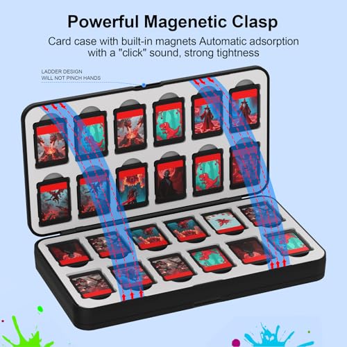 QuoLumPIA 48 Game Card Case Compatible for Nintendo Switch 2/OLED/Switch/Switch Lite, storage 48 Game Cards & 80 Micro SD cards, Black, hard shell, magnetic closure, soft silicone linning - size: 48