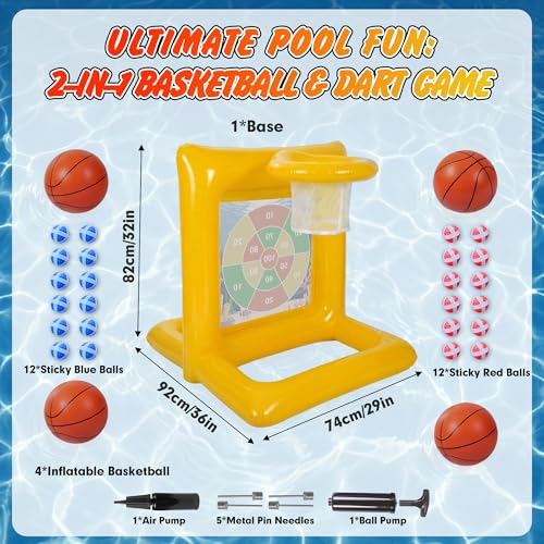 Pool Toys for Kids & Adults, 2-in-1 Pool Basketball and Dart Board Game Set, Family Summer Water Games for Kids Ages 6+ and Adults, Backyard Pool Party Games, Yellow - color: Yellow