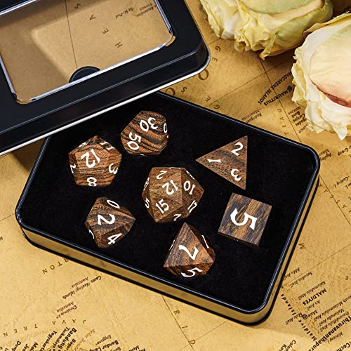 Wood DND Dice, 7pcs RPG Polyhedral Dice Set with Iron Box, for D&D Role Playing Games (Brown with Black Striped) - color: Brown Black Striped