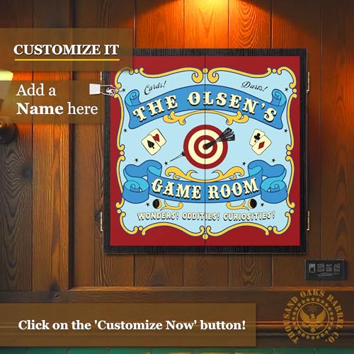 Personalized Dart Board Cabinet Set with 6 Steel Tip Darts, Paper Dartboard, Chalk & Eraser (21.5 x 21.5 x 2.75) - Man Cave Dart Boards for Adults - style: Carnival