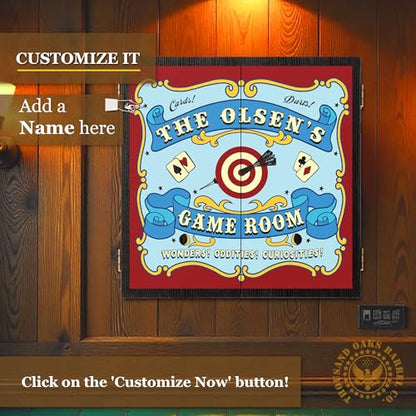 Personalized Dart Board Cabinet Set with 6 Steel Tip Darts, Paper Dartboard, Chalk & Eraser (21.5 x 21.5 x 2.75) - Man Cave Dart Boards for Adults - style: Carnival