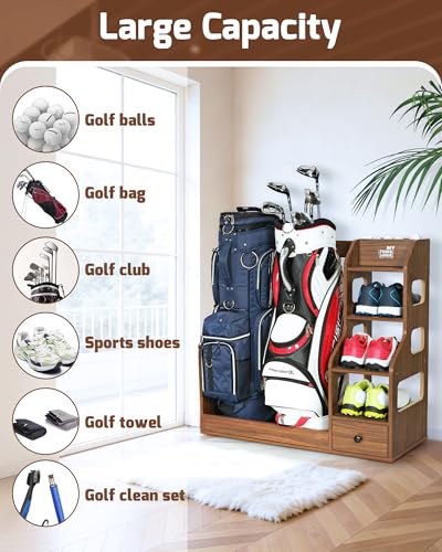 Mythinglogic Wooden Golf Bag Storage Rack, Golf Organizer with Shoe Shelves, Ball Holder & Drawer, MDF Golf Equipment Storage Cabinet for Home, Garage or Simulator Room - size: 2 golf bag rack-Brown