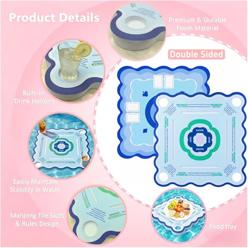 Floating Mahjong Table for Pool Game, Double Sided 31.5 inch Mahjong Mat & Board with Storage Bag, Versatile Adult Poker Domino Game, Aqua Water Float for Swimming Pool and Poolside