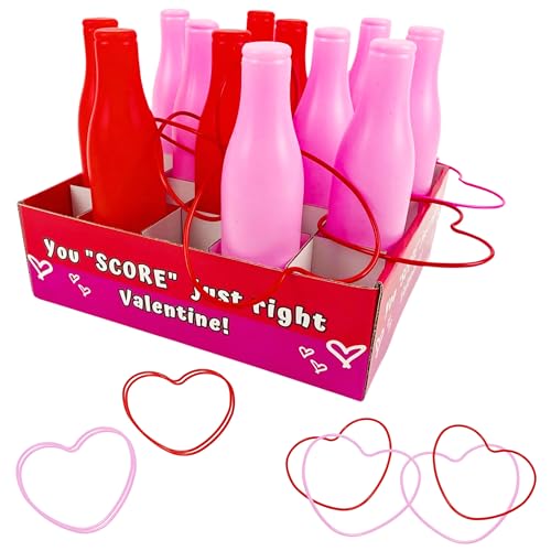 Valentine Bottle Ring Toss Game for Kids Party Activity, Indoor/Outdoor Backyard Yard Carnival Game, Classroom Valentine's Party Games for Kids and Adults Party Supplies by 4E's Novelty, Red, Pink