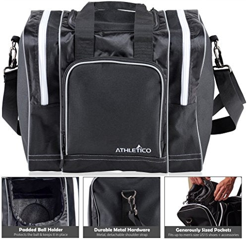 Athletico Bowling Bag for Single Ball - Single Ball Tote Bag With Padded Ball Holder - Fits a Single Pair of Bowling Shoes Up to Mens Size 14 - color: Black