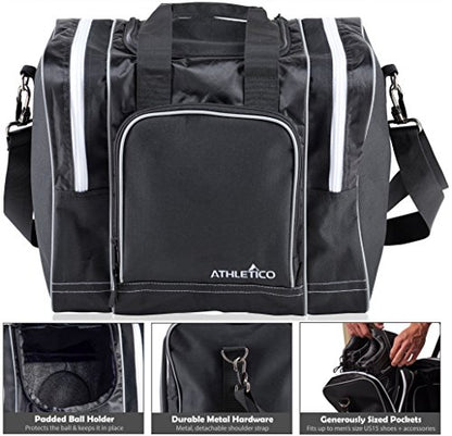 Athletico Bowling Bag for Single Ball - Single Ball Tote Bag With Padded Ball Holder - Fits a Single Pair of Bowling Shoes Up to Mens Size 14 - color: Black