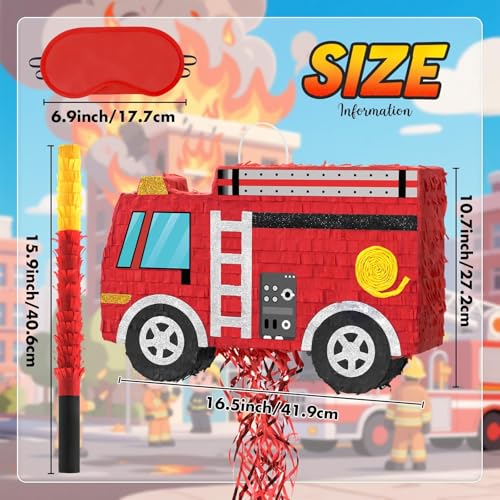 WERNNSAI Fire Truck Piñata - Firetruck Birthday Decorations Piñata for Boys Kids Firefighter Truck Theme Birthday Party Game Decorations Bundle with Blindfold and Bat - style: Fire Truck
