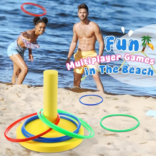 Hiboom Pool Ring Toss Games Toys, Swimming Pool Games for Adults and Family with 6 Pcs Throwing Rings, Water Foam Toss Float Toys for Summer Outdoor, Beach, Yard, Party (Bright Yellow Base) - style: Bright Yellow Base