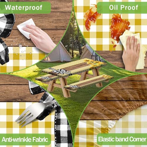 Picnic Table Cover with Bench Covers, Sunflower Buffalo Plaid Farmhouse Wood Waterproof Elastic Fitted Tablecloths Outdoor Camping Essentials, with Drawstring Bag, 60in, Yellow - color: Yellow, size: 30X60inch