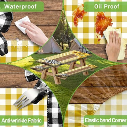 Picnic Table Cover with Bench Covers, Sunflower Buffalo Plaid Farmhouse Wood Waterproof Elastic Fitted Tablecloths Outdoor Camping Essentials, with Drawstring Bag, 60in, Yellow - color: Yellow, size: 30X60inch