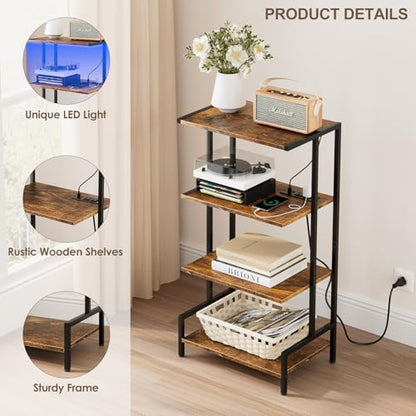 Arbuxzuy 4-Tier AV Media Stand with Power Outlet and LED Lights,Wooden Stereo Stand Cabinet,Game Console Shelf for Small Space,Audio Rack Stand Tower Ideal for Video DVD Players,Xbox - color: Rustic Brown