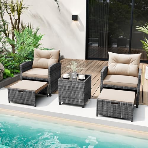 Tangkula 5 Pieces Patio Conversation Set, PE Wicker Rattan Outdoor Furniture Set with 2 Chairs, 2 Ottomans & Tempered Glass Coffee Table, Ideal for Poolside, Backyard, Lawn, Deck, Mix Grey & Beige - color: Mix Grey & Beige