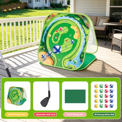 Golf Chipping Game Set Kids Backyard Golf Practice Set w/3-Sided Hitting Mat,20 Balls,6 Discs,Golf Club &4 Ground Stakes&Tees,4 in 1 Indoor Outdoor Family Game Sports Toy, for Boys Girls