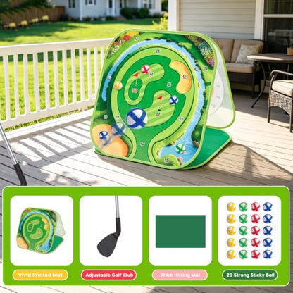 Golf Chipping Game Set Kids Backyard Golf Practice Set w/3-Sided Hitting Mat,20 Balls,6 Discs,Golf Club &4 Ground Stakes&Tees,4 in 1 Indoor Outdoor Family Game Sports Toy, for Boys Girls