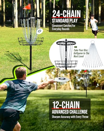 Disc Golf Basket with 24/12 Heavy Duty Chains, Disc Golf Target with Adjustable Height/Sound Reducer & Remote LED Light & Light Up Discs, Durable Practice Goal with Ground Stake for Backyard