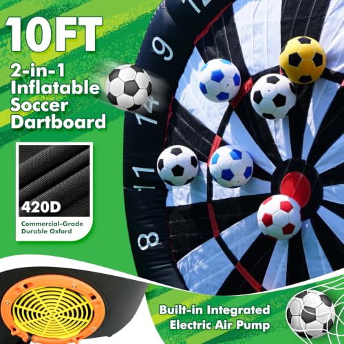 10FT 2-in-1 Inflatable Soccer Dart Board for Adult with Built-in Electric Blower, Dual Use Kick Dart Game & Backyard Outdoor Movie Projection Screen,20+ Game Modes for Yard Party Carnival