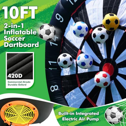 10FT 2-in-1 Inflatable Soccer Dart Board for Adult with Built-in Electric Blower, Dual Use Kick Dart Game & Backyard Outdoor Movie Projection Screen,20+ Game Modes for Yard Party Carnival