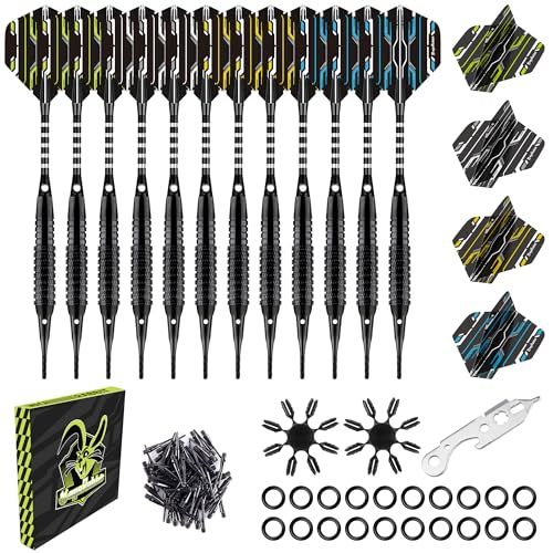Soft Tip Darts Set 12 Pack, 18g, with 50 Extra Tips, 16 Flights, 20 O-Rings, 2 Flight Protectors, Wrench for Electronic Dart Board - color: All Black