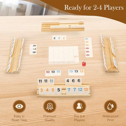 Soopotay Upgraded 2-4 Players Rummy Game, 106 Melamine Tiles, 4 Wooden Racks, Premium Portable Case, Drawstring Bags, Tile Board Games for Adults, Birthday Gifts for Men Women Dad Mom - style: 2-4 Players