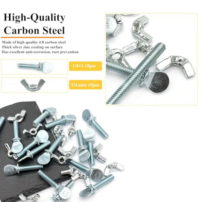 15 Sets 1/4"-20 x1 Thumb Screw Bolts and Wing Nut Kit Zinc Plated Finger Tight Racket Screw and Nut Tool-Free Racket & Sports Equipment Hardware Fitting Fastenings Assortment Kit - size: 15 Sets 1/4"-20 x1" ThumbScrews&WingNuts